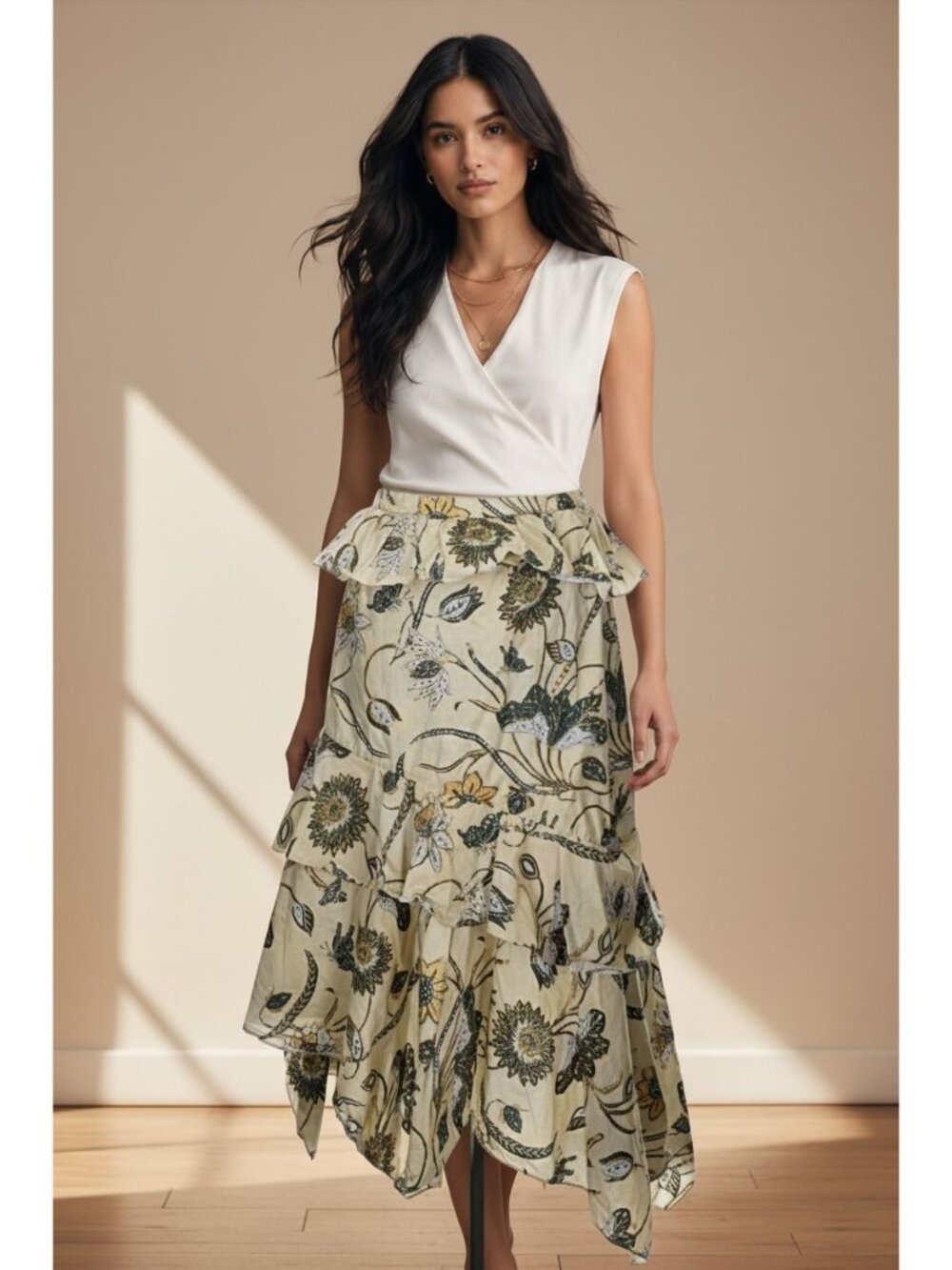 Ulla Johnson Ivette Maxi Skirt Womens Sz 10 Cream Floral Boho Cottagecore Resort